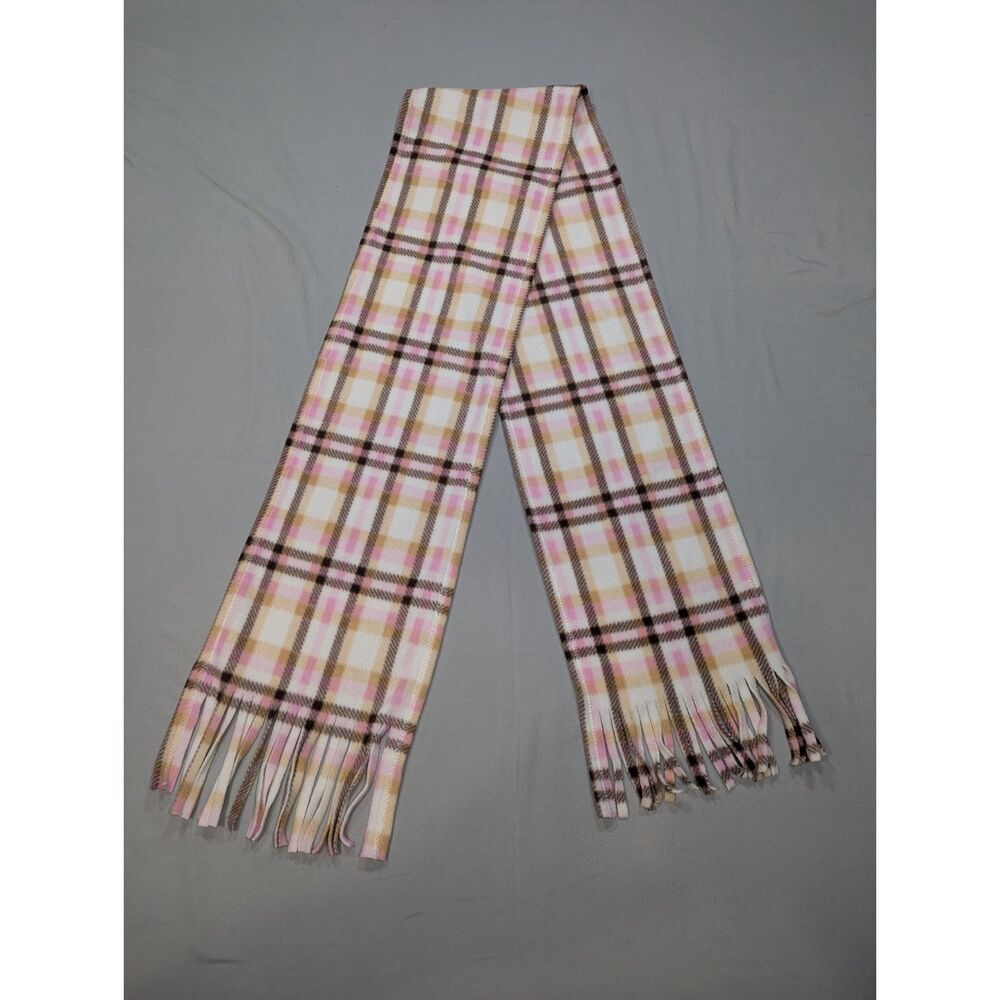 Pink Tan Brown Plaid Fleece Scarf Fringe Soft Cozy Preppy Winter Accessory